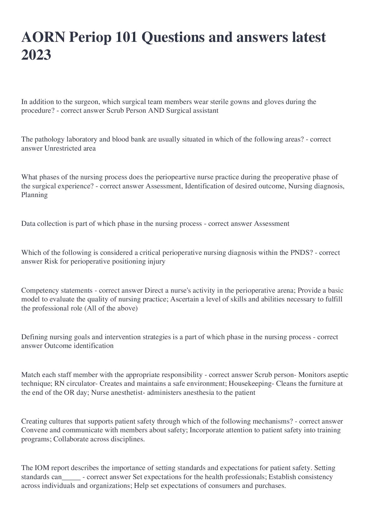 Preview image for AORN Periop 101 Questions and answers latest 2023